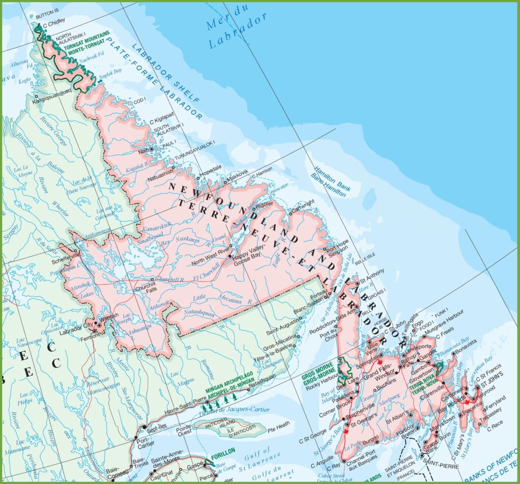 Carte des villes de Terre-Neuve-et-Labrador.
