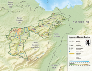 Carte topographique du canton d’Appenzell Rhodes-Extérieures.