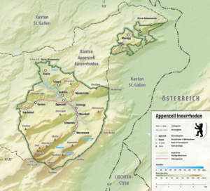 Carte topographique du canton d’Appenzell Rhodes-Intérieures.