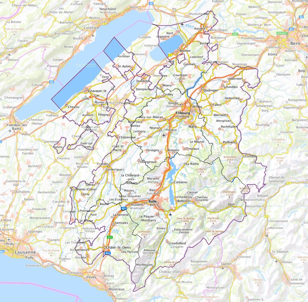 Carte du canton de Fribourg.