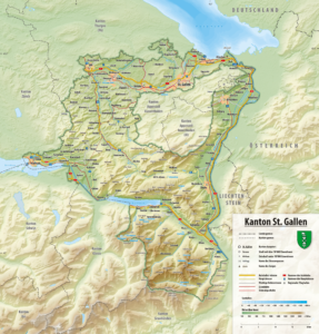 Carte topographique du canton de Saint-Gall.