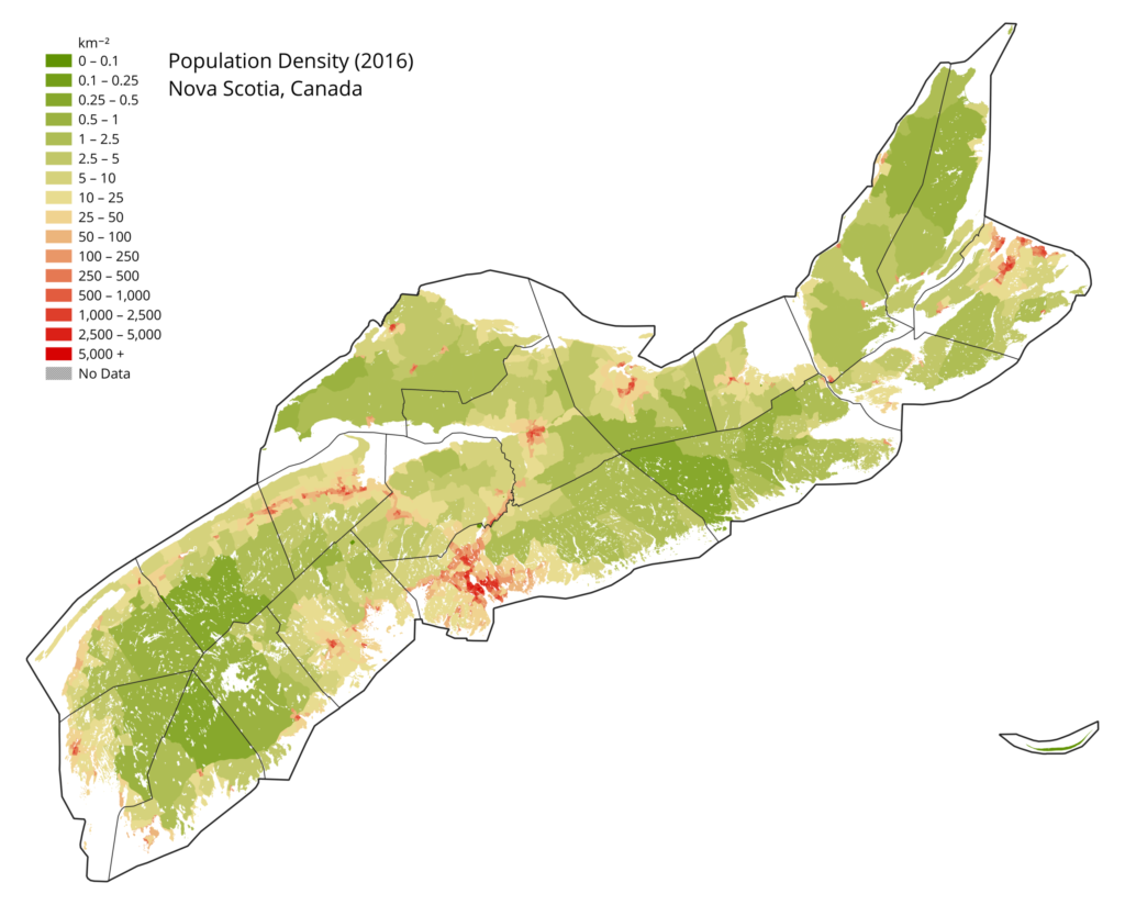 Carte de la densité de population de la Nouvelle-Écosse.