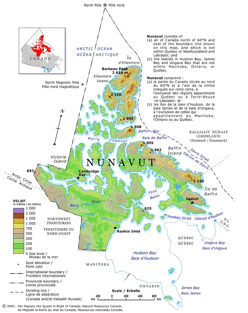 Carte physique du Nunavut.
