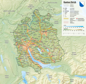 Carte topographique du canton de Zurich.