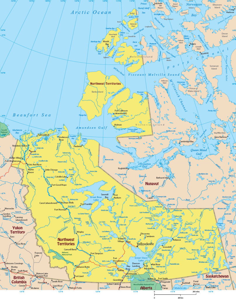 Carte routière des Territoires du Nord-Ouest.