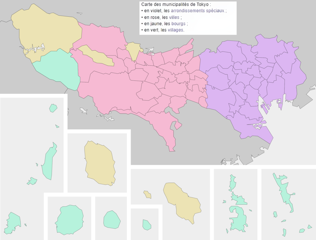 Carte des subdivisions politiques de la préfecture de Tokyo.