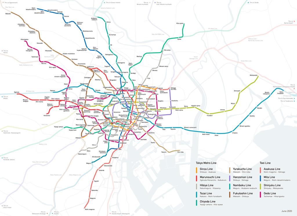 Carte des lignes du métro de Tokyo et des lignes Toei.