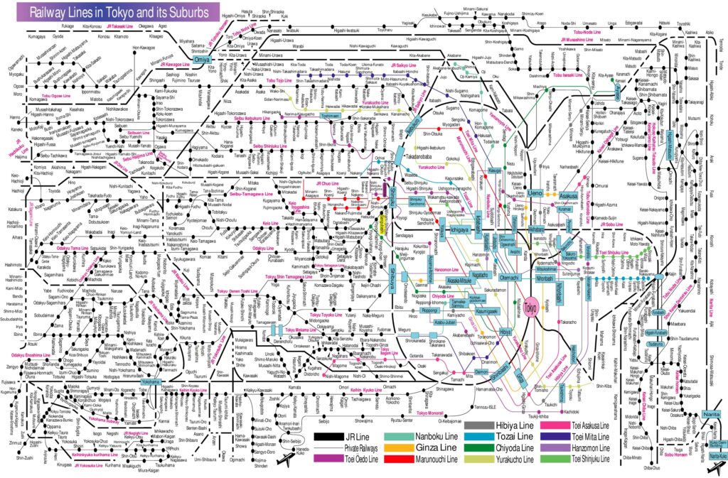 Plan schématique des lignes ferroviaires de Tokyo et de sa banlieue.
