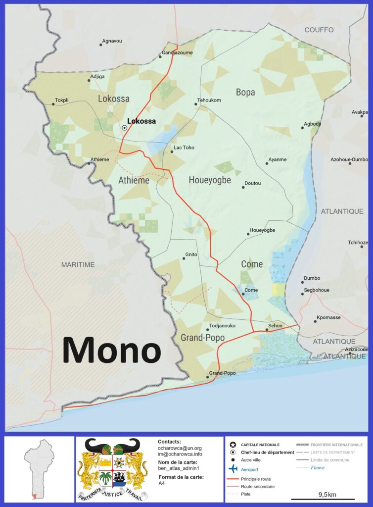 Carte du département du Mono, Bénin.