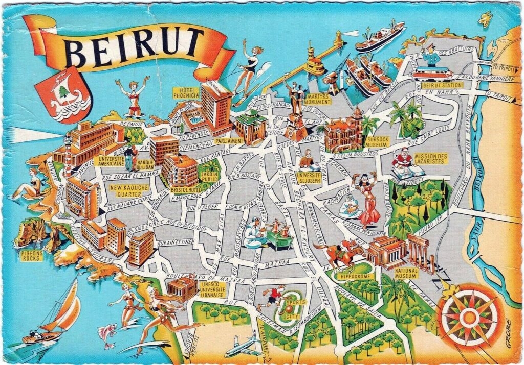 Carte des destinations touristiques de Beyrouth, 1966.