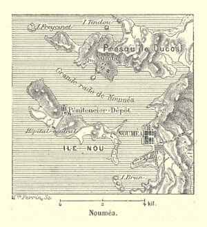 Carte de Nouméa en 1894 avec le bagne de l’île Nou