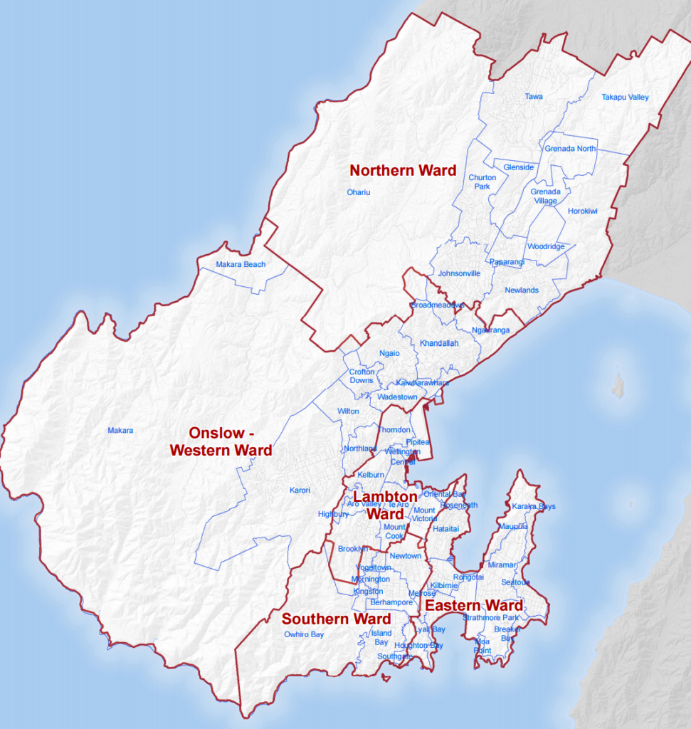 Carte des banlieues et arrondissements de Wellington.