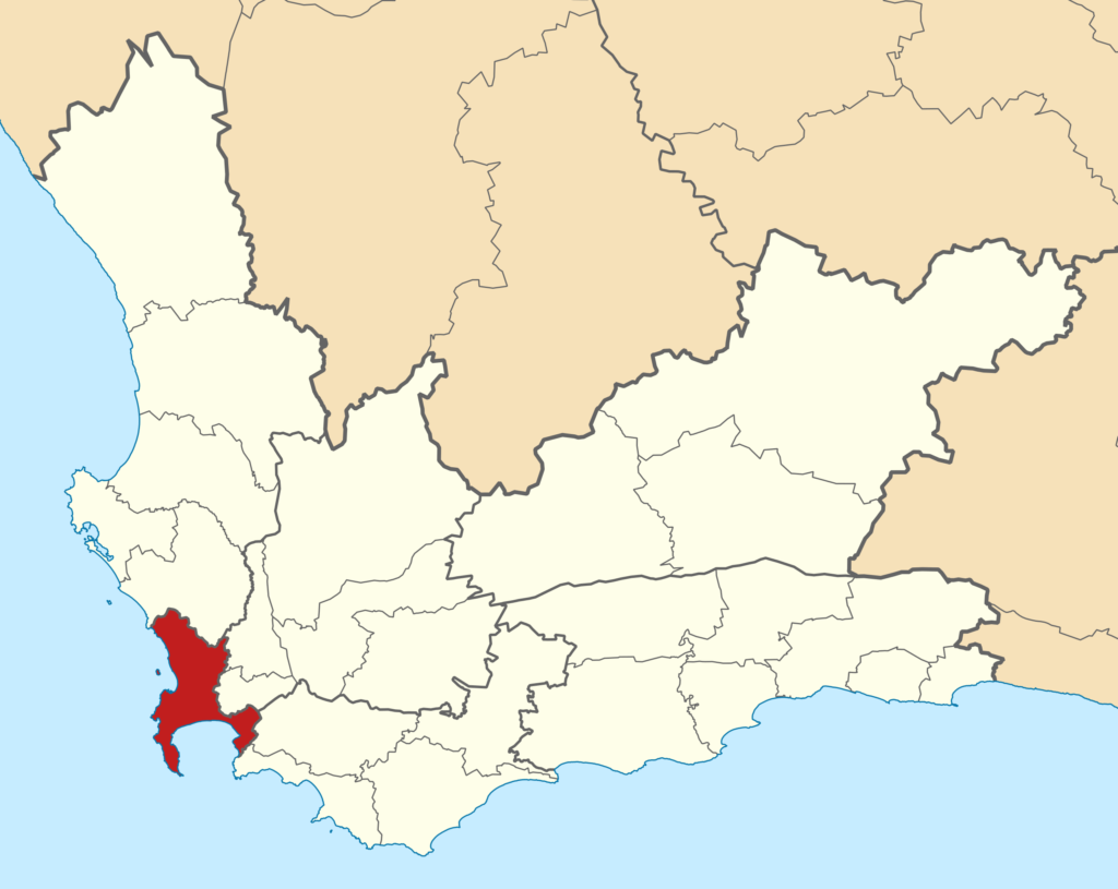 Carte de localisation de la métropole du Cap en Afrique du Sud.