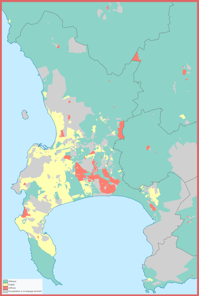 Carte linguistique de la ville du Cap en Afrique du Sud 2011.