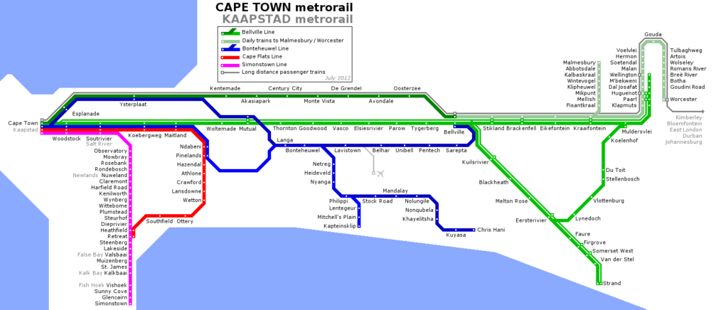 Plan du réseau ferroviaire de banlieue dans la métropole du Cap.