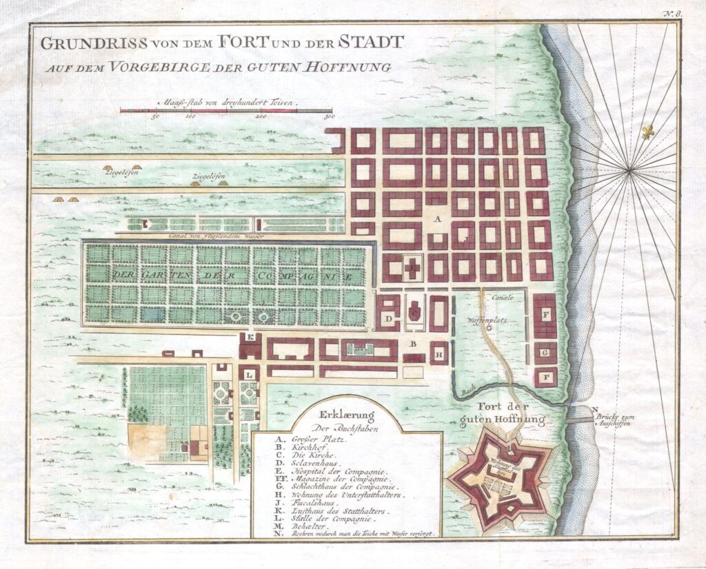 Carte de la ville et du fort du Cap, Afrique du Sud 1750.