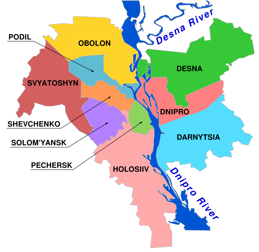 Carte des districts ou raïons de Kiev.