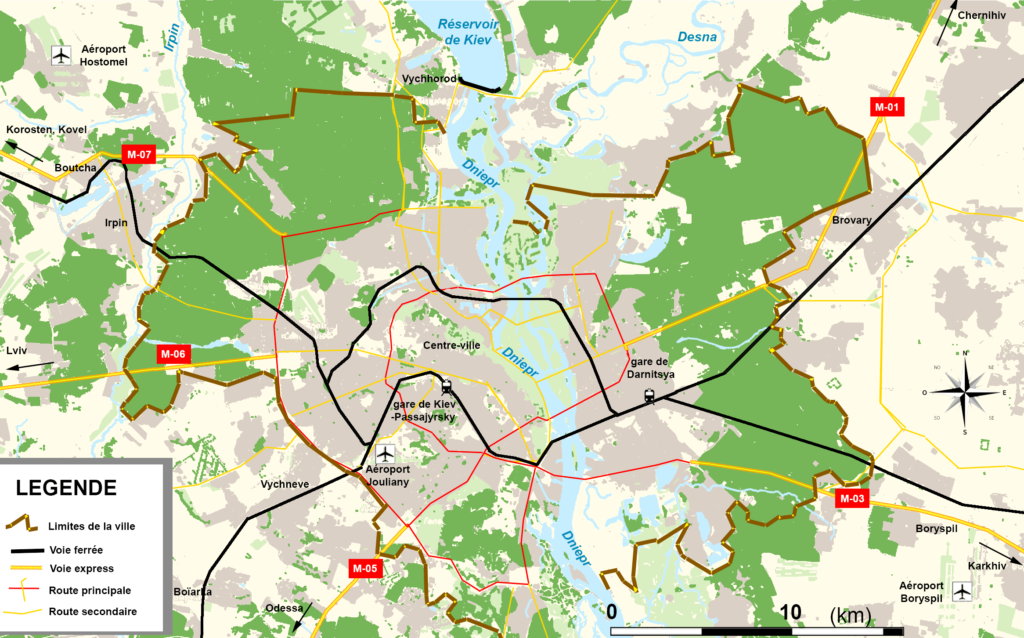 Carte de la ville de Kiev et de sa proche banlieue.