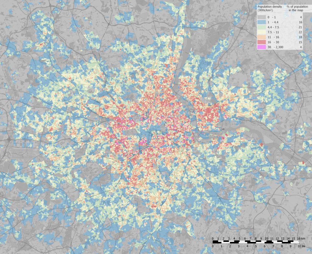 Carte de la densité de population de Londres en 2011.