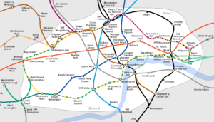 Plan des stations de métro de la zone 1 de Londres, avant 2021.