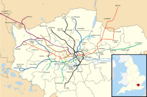 Plan du métro de Londres avec les boroughs (arrondissements) du Grand Londres.