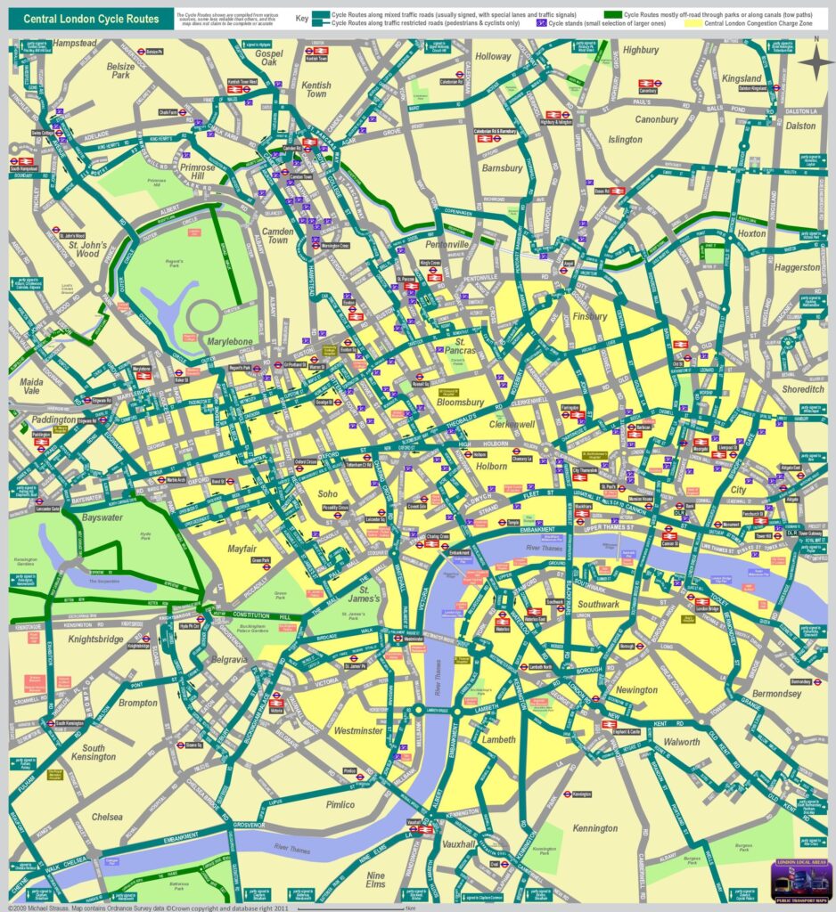 Carte des pistes cyclables du centre de Londres.