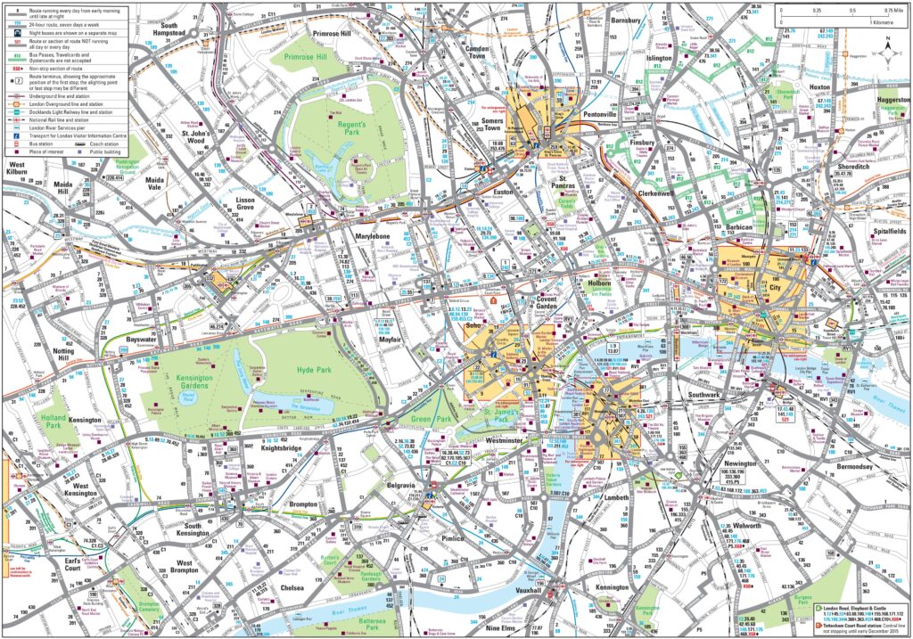 Carte des bus du centre de Londres.