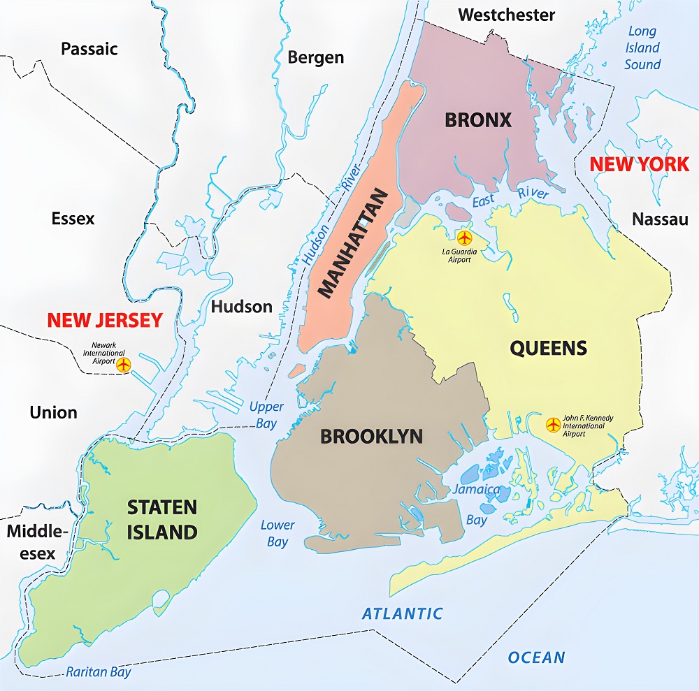 Carte des arrondissements de la ville de New York.