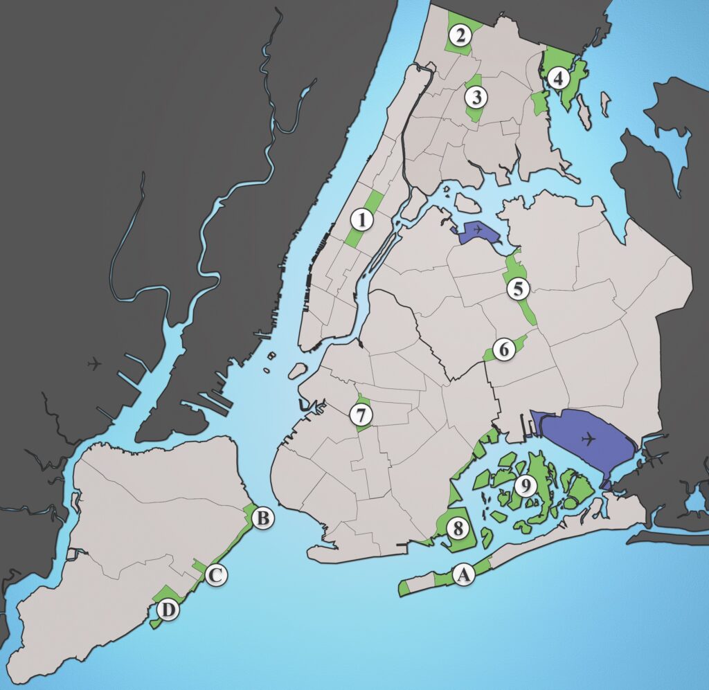 Carte des parcs et espaces verts de la ville de New York.