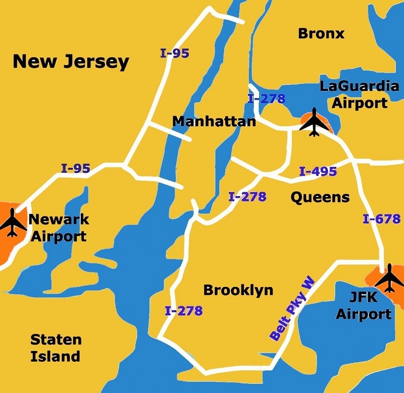 Carte de localisation des principaux aéroports de New York City.