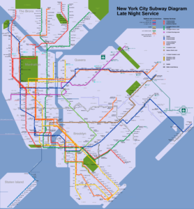 Plan du métro de New York, service de nuit seulement 2009.