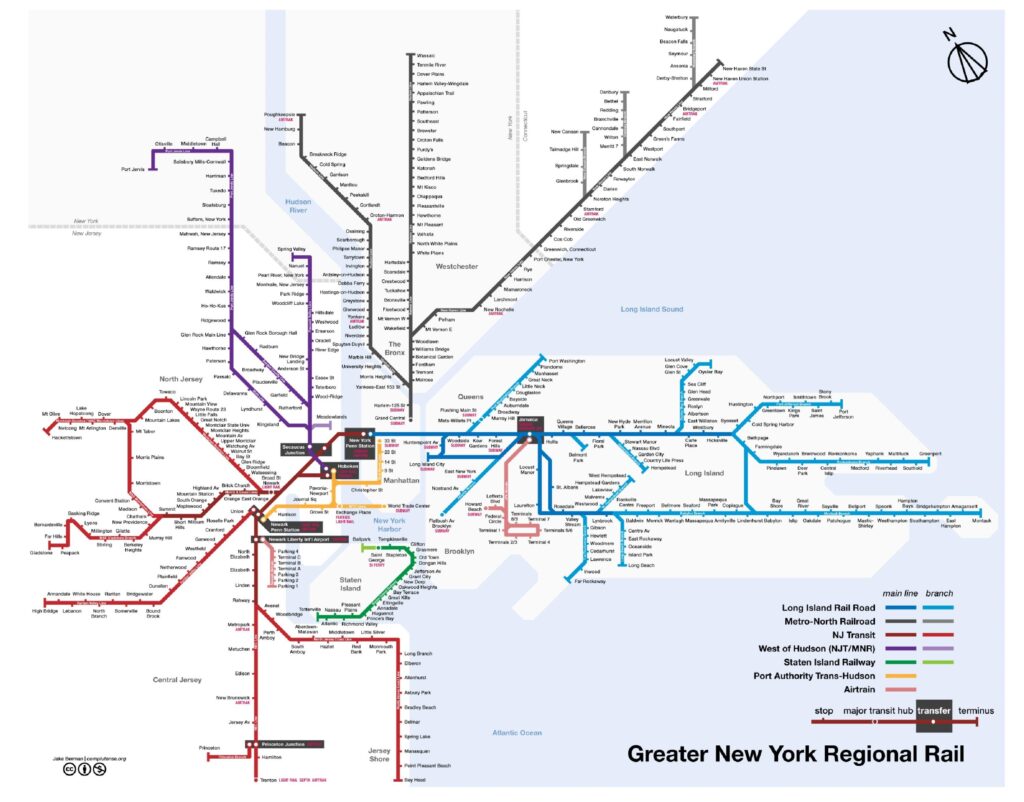 Carte du réseau ferroviaire de l'agglomération new-yorkaise.