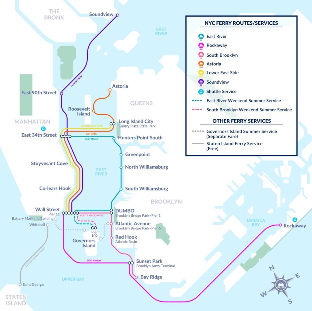 Plan des transports par ferry-boat dans New York City.