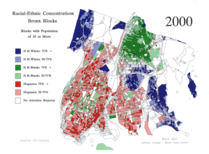 Carte des concentrations raciales/ethniques dans le Bronx en 2000.