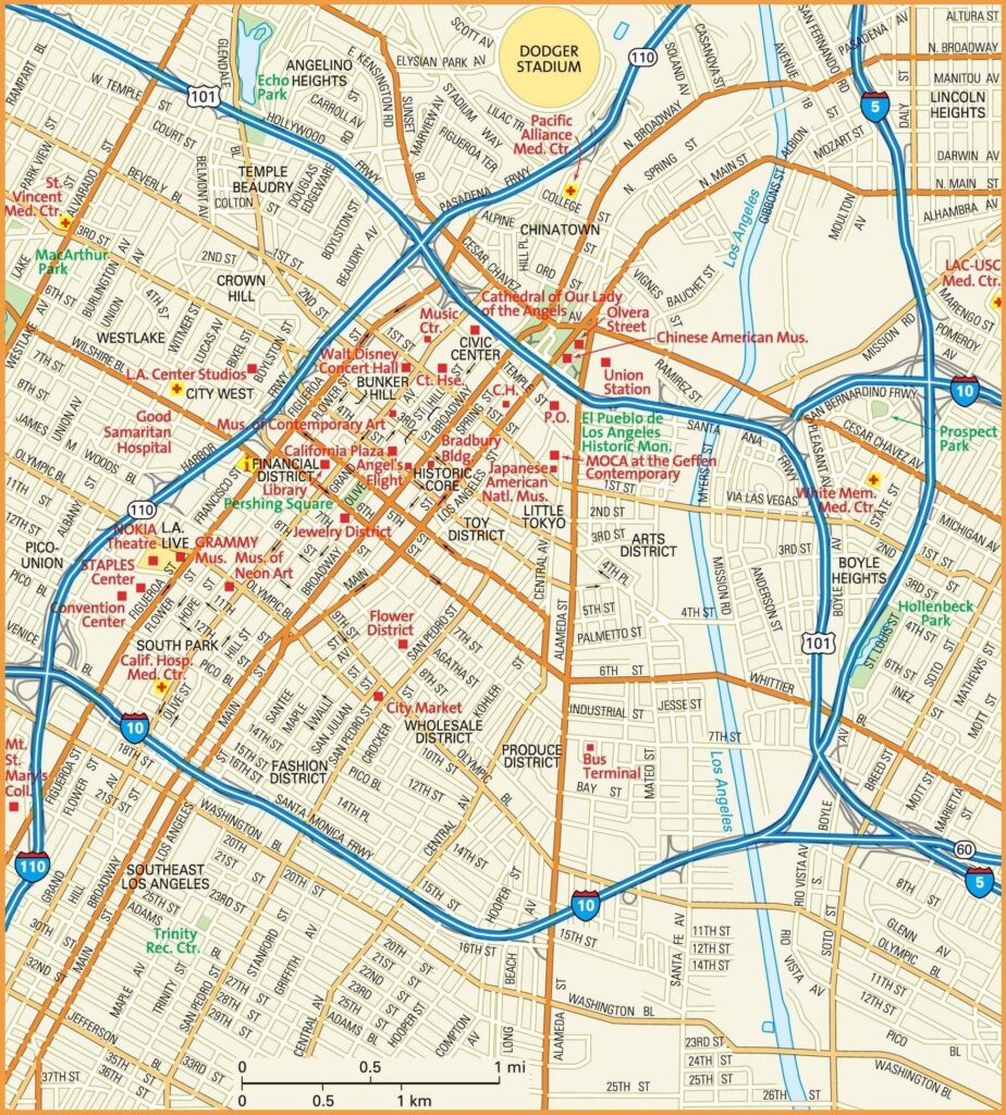 Carte du centre-ville de Los Angeles.