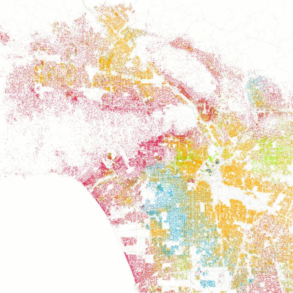 Carte de la répartition raciale et ethnique à Los Angeles.