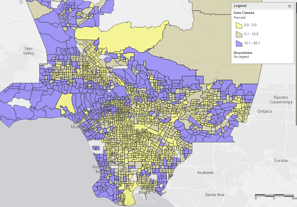 Carte des revenus dans le comté de Los Angeles.