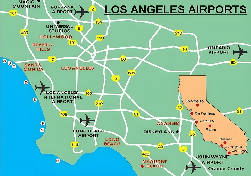 Carte de localisation des principaux aéroports de Los Angeles.