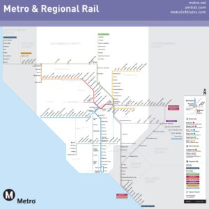 Carte du réseau de trains de banlieue avec les connexions de métro à Los Angeles.