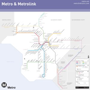 Plan schématique du réseau Metrolink avec liaisons métro à Los Angeles.