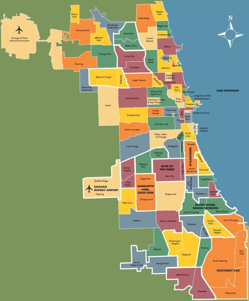 Carte des secteurs communautaires de Chicago.
