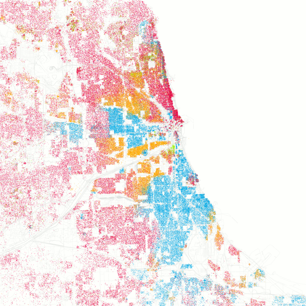 Carte de la répartition raciale et ethnique à Chicago.