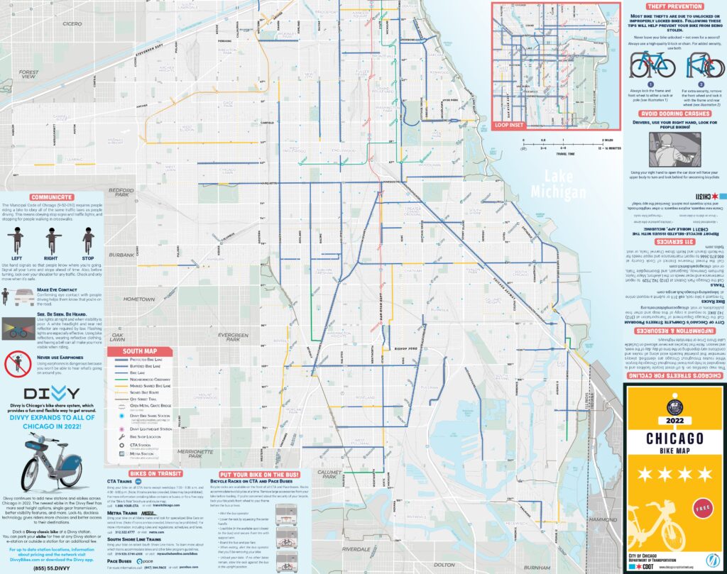 Carte des pistes cyclables du sud de Chicago.
