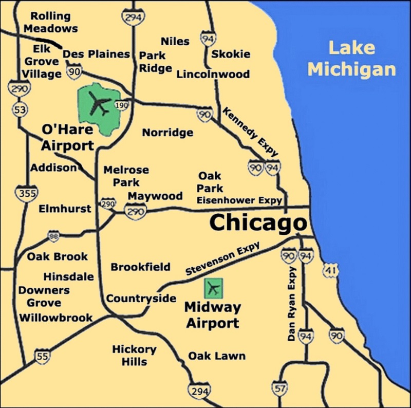 Carte de localisation des aéroports de Chicago.