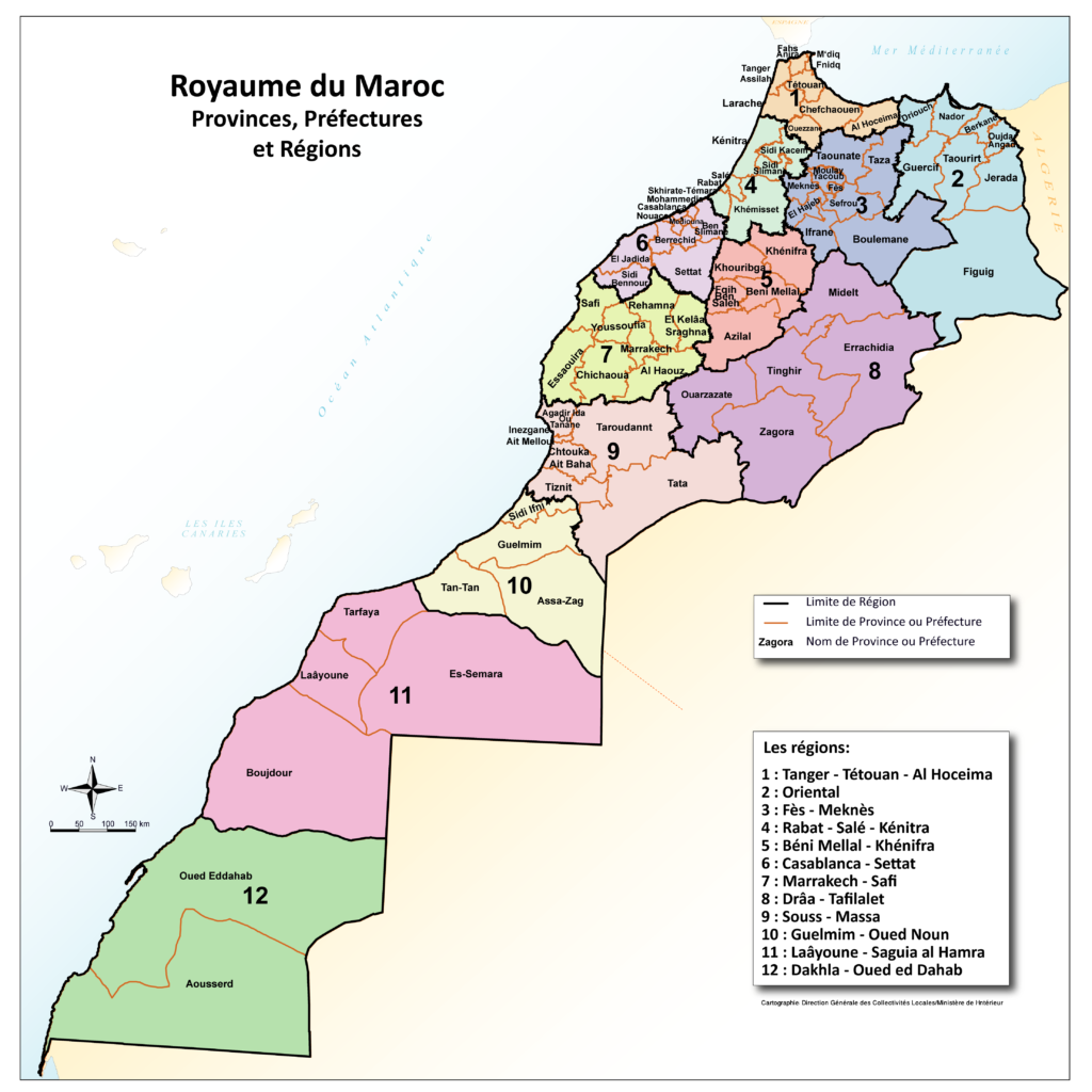 Carte des provinces et préfectures du Maroc.