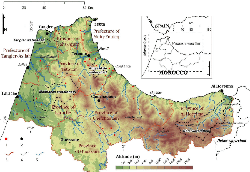 Carte physique de Tanger-Tétouan-Al Hoceïma.