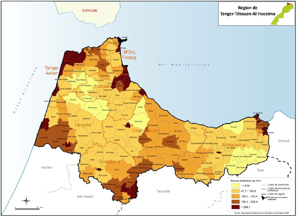 Carte de la densité de population par commune à Tanger-Tétouan-Al Hoceïma.