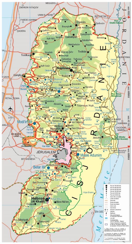 Carte des principales villes de la Cisjordanie.