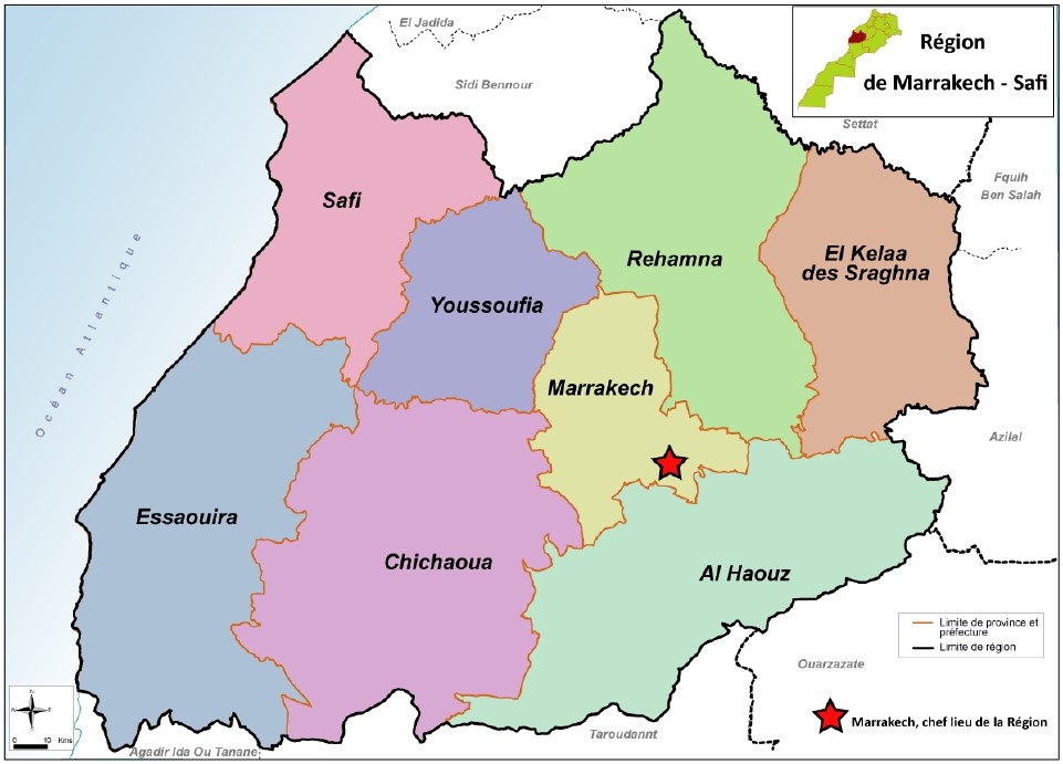 Carte des provinces et préfecture de Marrakech-Safi.