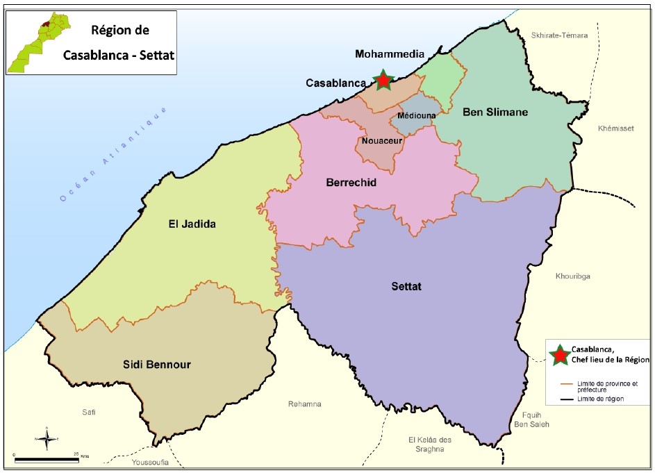 Carte des provinces et préfectures de Casablanca-Settat.